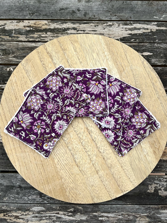 Lot de 5 cotons démaquillants réutilisables fleuris violet